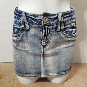 Mudd skirt 3 rhinestone bling embellished denim jean mini acid wash stretch Y2K